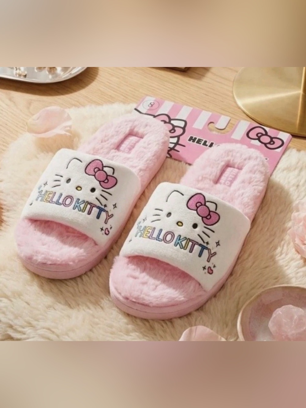 Hello Kitty Pink Fuzzy Slide Slippers size 8 women